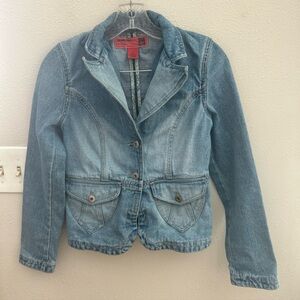 Vtg Y2K Mossimo Denim Blazer Jacket Notched Lapel Fitted Junior S Waist Belt